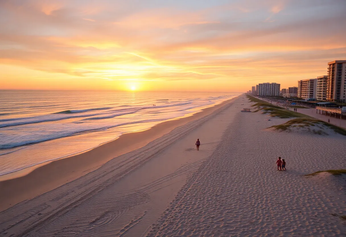 Scenic view of Myrtle Beach with families enjoying activities on the beach.