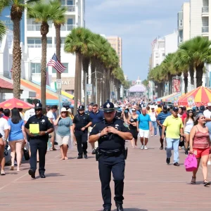 Scene of a mass shooting during spring break in Myrtle Beach, showing police activity.