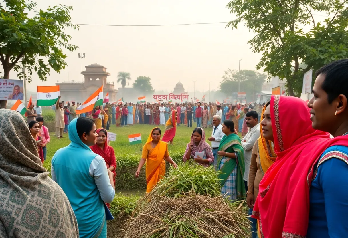 A collage showing community programs and protests in India