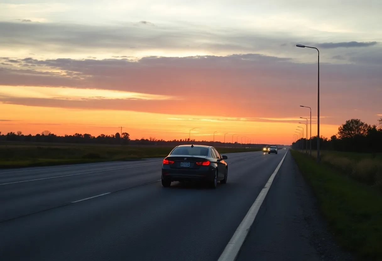 Tranquil roadway at sunset, depicting aftermath of a road rage incident.