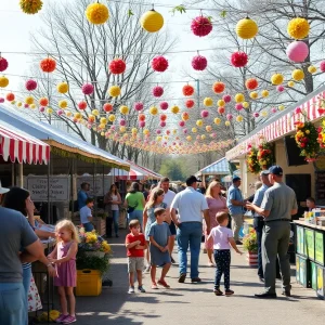 Families enjoying the South Carolina spring festival with food stalls and music.