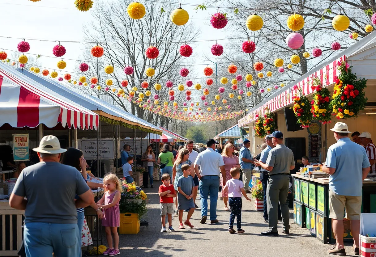Families enjoying the South Carolina spring festival with food stalls and music.