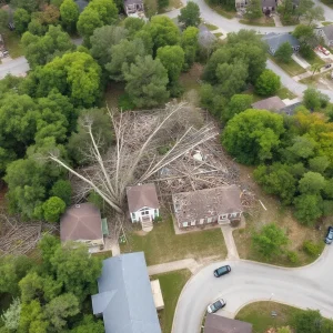 Aerial view of a residential area in Horry County showing damage from severe storms.