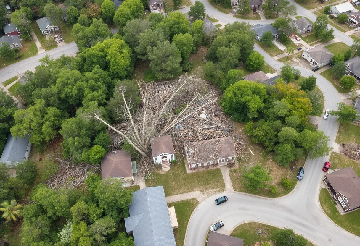 Aerial view of a residential area in Horry County showing damage from severe storms.