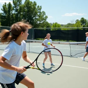 High school tennis players competing during a match