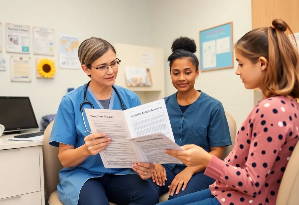 Healthcare professional discussing vaccine guidelines with a family