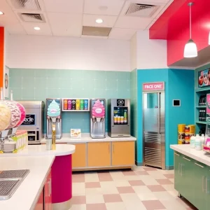 Interior of 16 Handles frozen yogurt shop with colorful dispensers and toppings