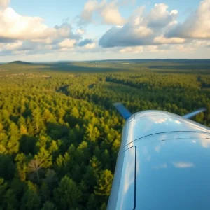An aircraft flying over a wooded area representing aviation safety