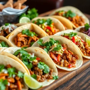 A selection of authentic Mexican street tacos with various meats and garnishes.