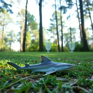 A baby hammerhead shark lying on the ground at a disc golf course in Myrtle Beach