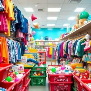 Inside of a Bin Depot store with bins of various items for sale.