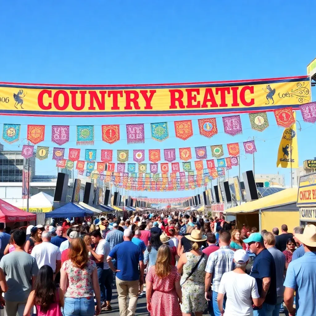 A lively Carolina Country Music Festival scene in Myrtle Beach with fans and performers.