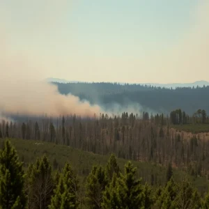 Burnt trees and smoke in Carolina Forest after wildfire