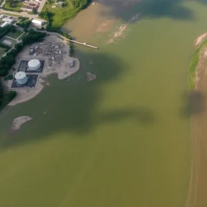 Aerial image showing the Pocotaligo River and nearby industrial facilities contributing to PFAS pollution.