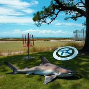 A dead hammerhead shark lying under a tree on a disc golf course in Myrtle Beach.