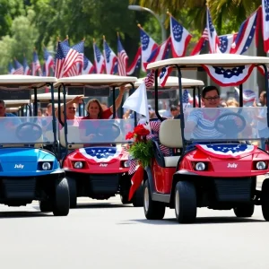 Decorated golf carts in a 4th of July parade in Myrtle Beach