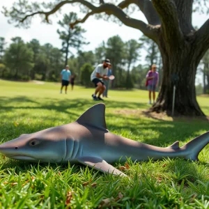 A baby hammerhead shark lying on the ground at a disc golf course.