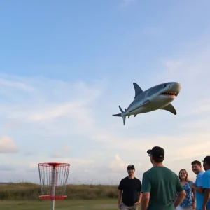 A group of spectators watching a baby hammerhead shark fall from the sky at a disc golf course.