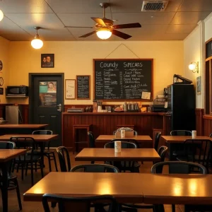 Interior of Hart's Cafe showing empty tables and a chalkboard menu