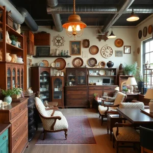 Interior of a used furniture store filled with unique items and antiques
