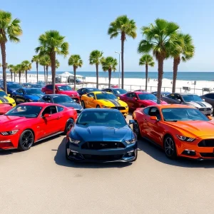 A gathering of Ford Mustangs at Mustang Week in Myrtle Beach