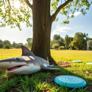 A baby hammerhead shark resting under a tree at a disc golf course