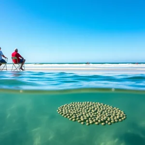 Aerial view of bait ball formation in Myrtle Beach water near the coastline
