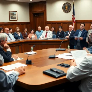 Local officials and community members at a Myrtle Beach city council meeting discussing land buyback.