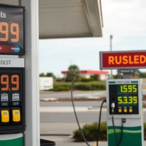 Gas station in Myrtle Beach with rising gas prices displayed.