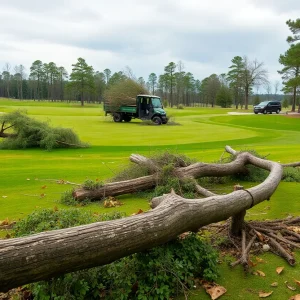 Aftermath of a storm at Myrtle Beach Golf Course showing cleanup efforts