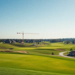 Aerial view of construction site on a golf course transitioning to homes