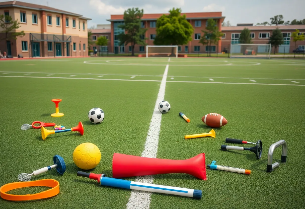 Athletic field at Myrtle Beach High School with equipment and students