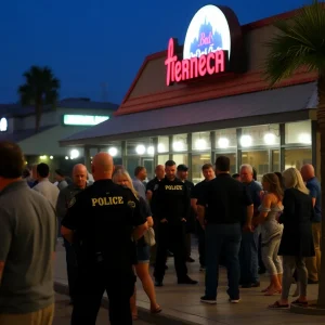 Police and onlookers outside Peaches Corner restaurant in Myrtle Beach