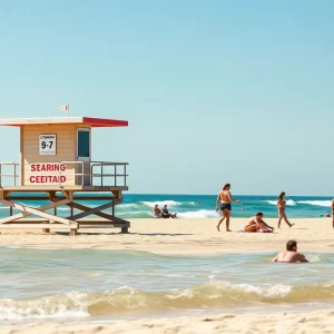 Lifeguarded beach with beachgoers under safe conditions.