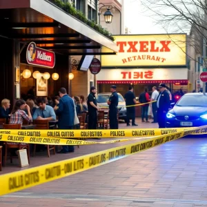 Police officers and caution tape at a shooting scene in a restaurant.