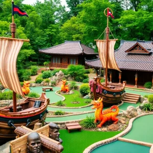 Pirate-themed mini golf course featuring a junk ship and vibrant decorations