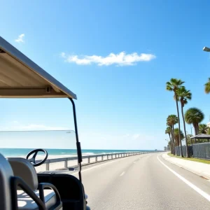 A golf cart driving along the beachside road in North Myrtle Beach