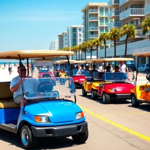 Colorful golf carts parked along the beach promenade of North Myrtle Beach.