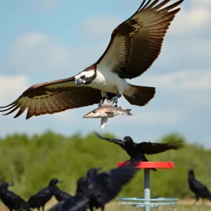 An osprey carrying a hammerhead shark while crows chase it in the sky over a disc golf course.