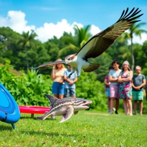 Osprey dropping a baby hammerhead shark on a disc golf course.