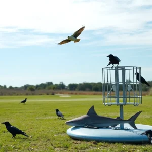 Osprey with hammerhead shark near disc golf basket
