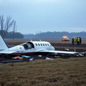 Wreckage from a plane crash scattered in a field.