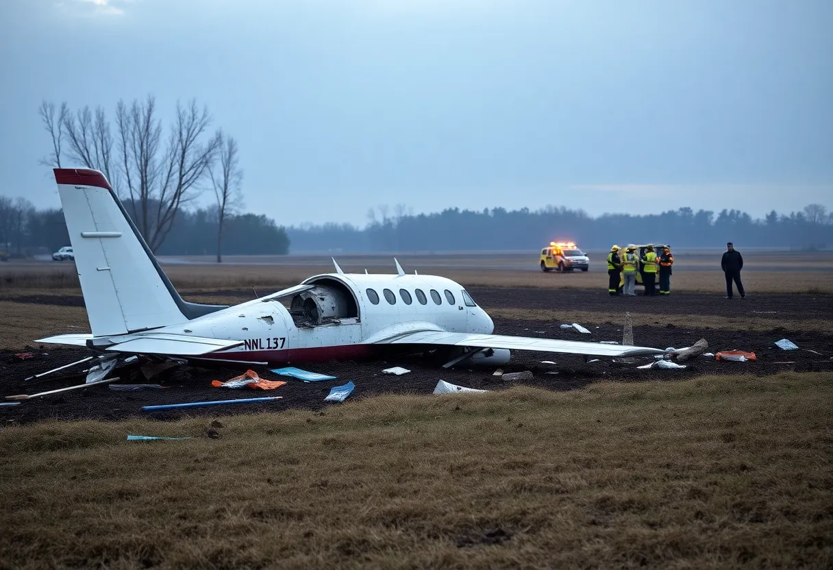 Wreckage from a plane crash scattered in a field.