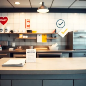 A clean restaurant kitchen during a health inspection