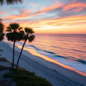 A beautiful sunset over South Carolina's coastline with palm trees and sandy beaches.