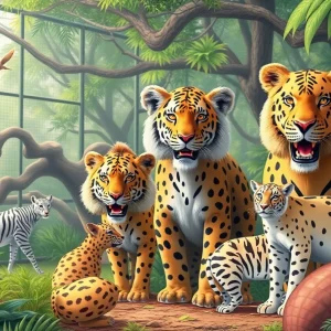 An illustration depicting various exotic animals in a wildlife sanctuary.