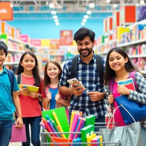 Family shopping for school supplies in a store