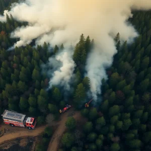 Aerial view of wildfire containment efforts in Carolina Forest, SC