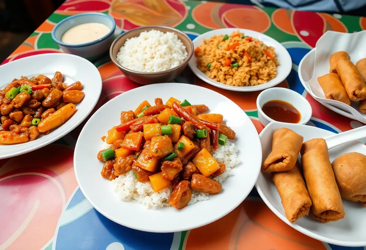 Variety of Chinese takeout dishes including chicken, rice, and egg rolls.
