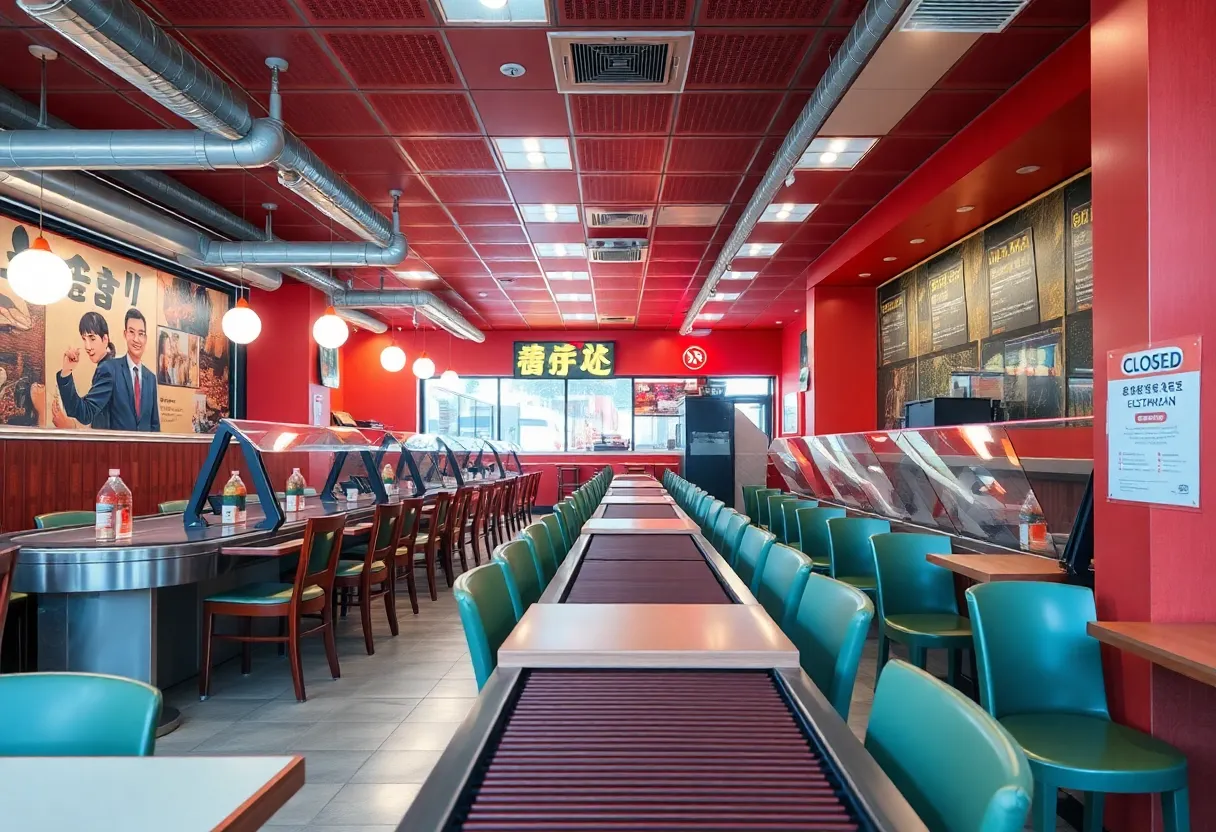 Interior of a closed Korean BBQ restaurant with empty tables and chairs.